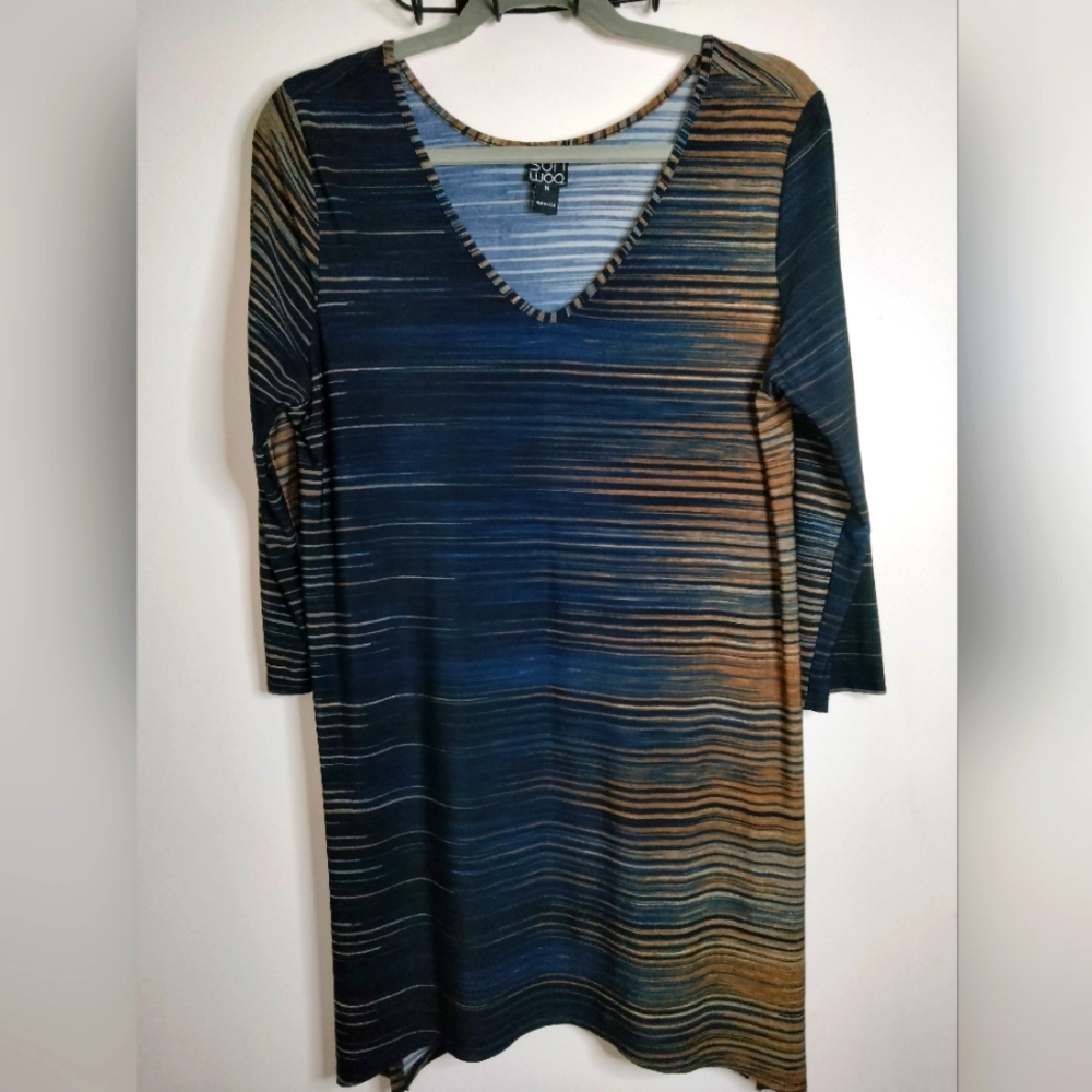 Clara Sun Woo (Size M) Multicolored Stretch Striped V-Neck 3/4 Sleeves Tunic